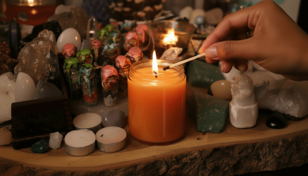 orange,scented soy candle 8oz being lit by matches